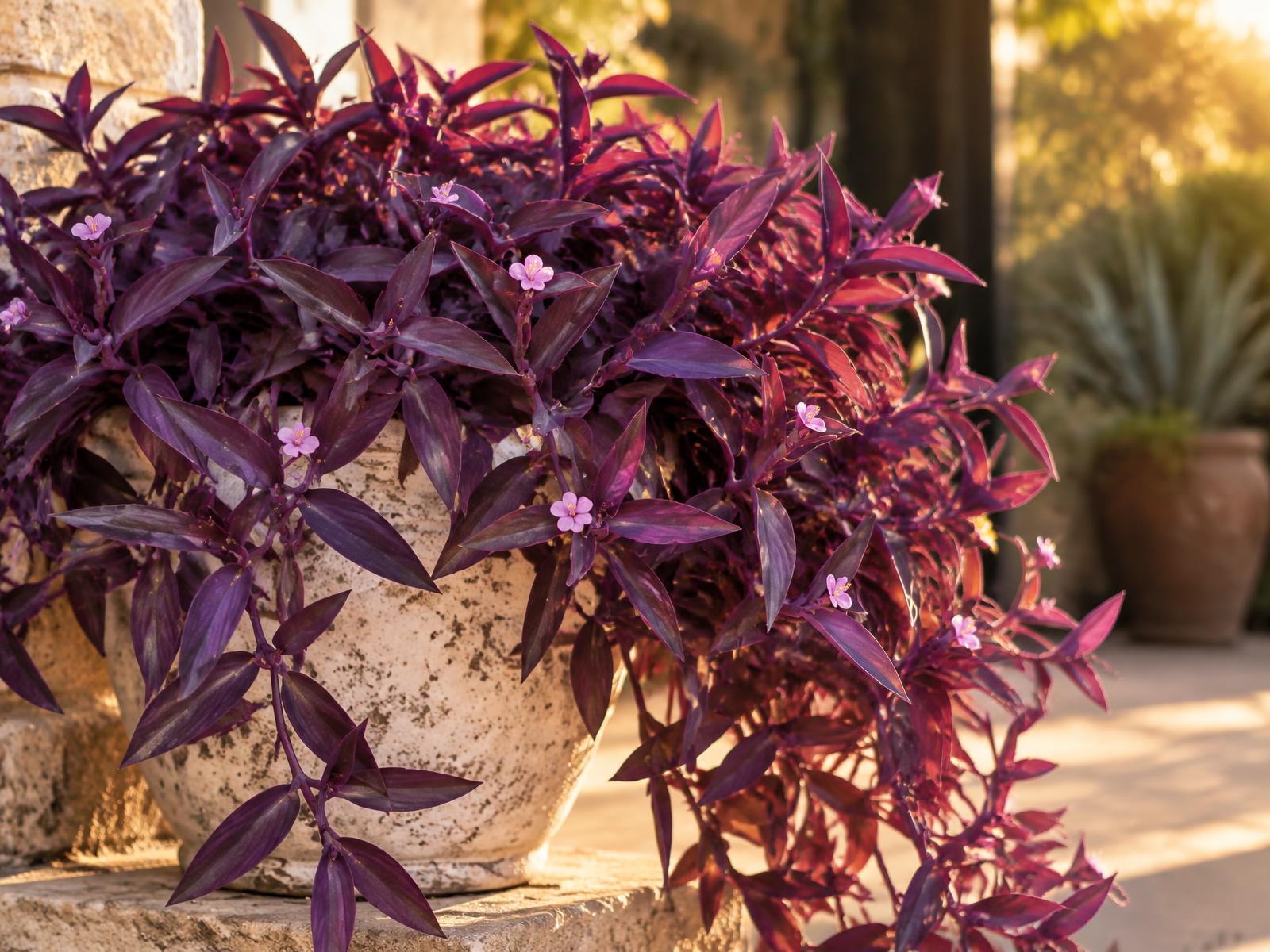Purple Heart plant with deep purple foliage spilling over a stone planter in evening light